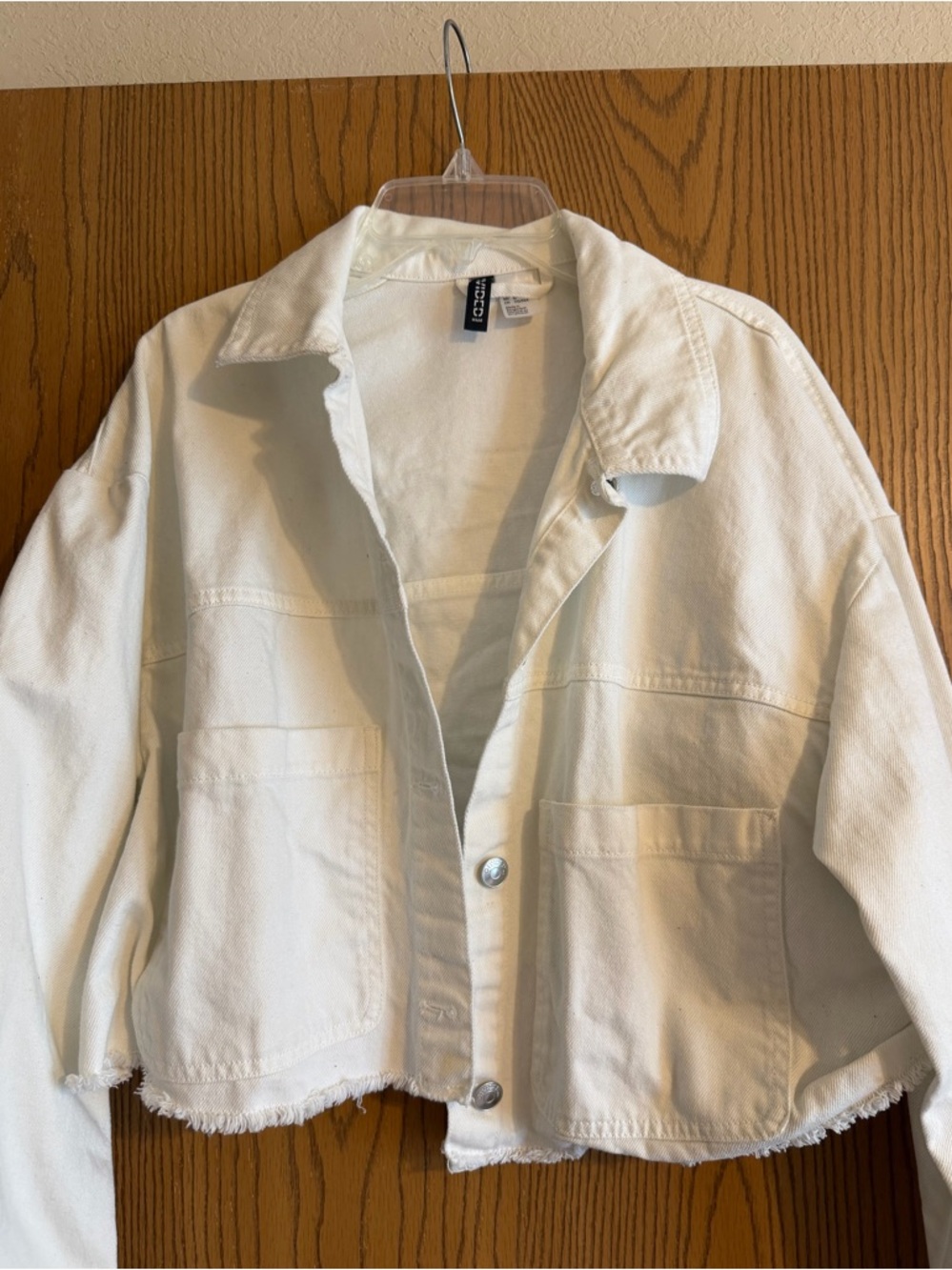 H&M White Cropped Denim Jacket with Raw Hem